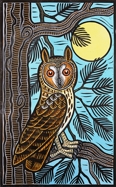 Gerard Hobson, Original linocut print, Long Eared Owl