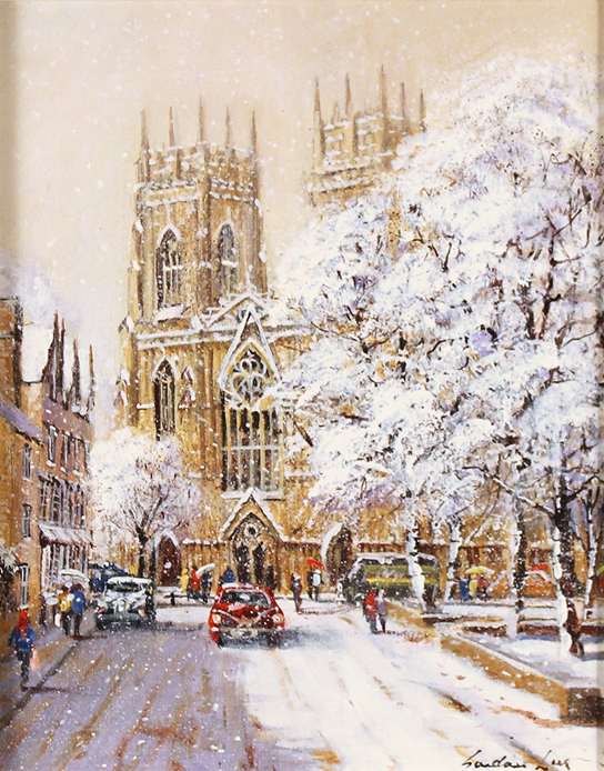 Gordon Lees, Original oil painting on panel, Falling Snow, York Minster 8x10ins, Art Ref:GLE2733