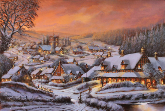 Gordon Lees, Original oil painting on canvas, Snowy Hamlet, The Cotswolds