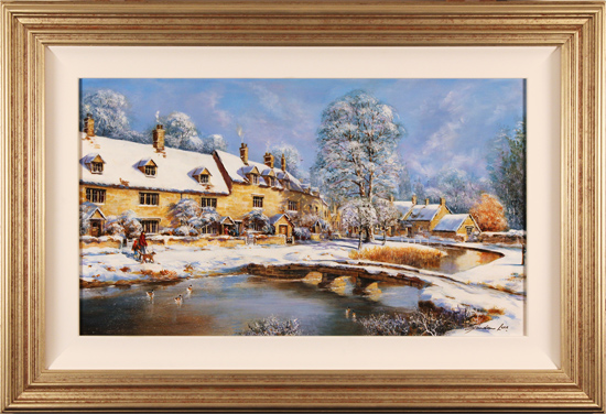 Gordon Lees, Original oil painting on panel, Snowfall in Lower Slaughter