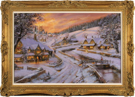 Gordon Lees, Original oil painting on panel, A Wintry Village Evening, The Cotswolds, click to enlarge