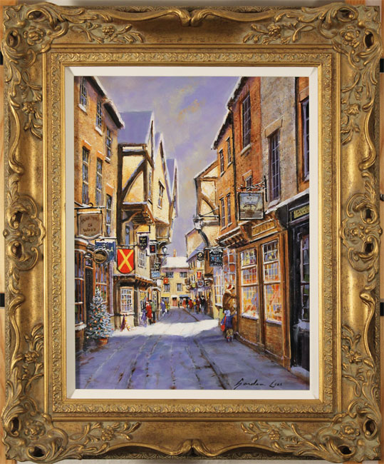 Gordon Lees, Original oil painting on panel, Snowfall on the Shambles, click to enlarge
