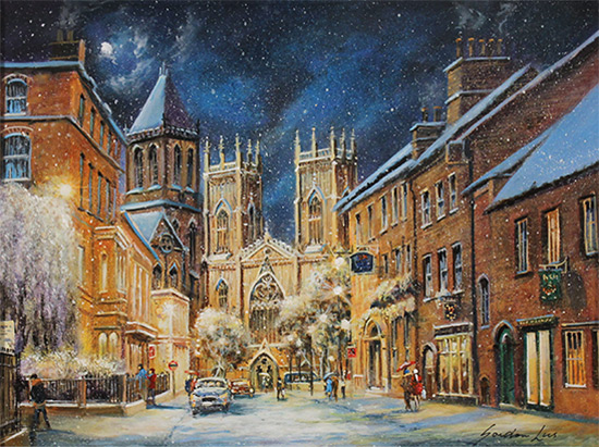 Gordon Lees, Original oil painting on panel, A Winter's Eve, York Minster  Without frame image. Click to enlarge