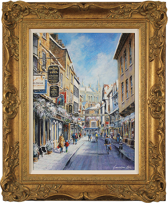 Gordon Lees, Original oil painting on panel, Sunshine and Snow, Stonegate, York, click to enlarge