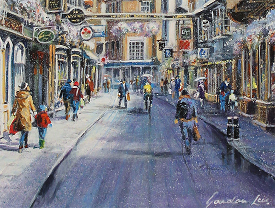 Gordon Lees, Original oil painting on panel, Sunshine and Snow, Stonegate, York Signature image. Click to enlarge