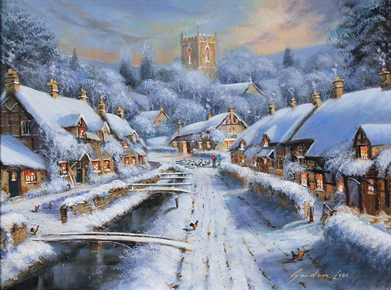 Gordon Lees, Original oil painting on panel, Cotswolds Village in Winter Without frame image. Click to enlarge