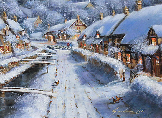 Gordon Lees, Original oil painting on panel, Cotswolds Village in Winter Signature image. Click to enlarge