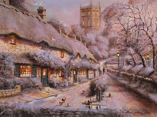 Gordon Lees, Original oil painting on canvas, Evening Snow in Chipping Campden Without frame image. Click to enlarge