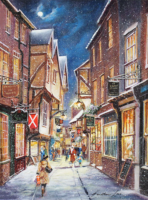 Gordon Lees, Original oil painting on panel, Snowfall on the Shambles Without frame image. Click to enlarge