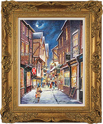 Gordon Lees, Original oil painting on panel, Snowfall on the Shambles Large image. Click to enlarge
