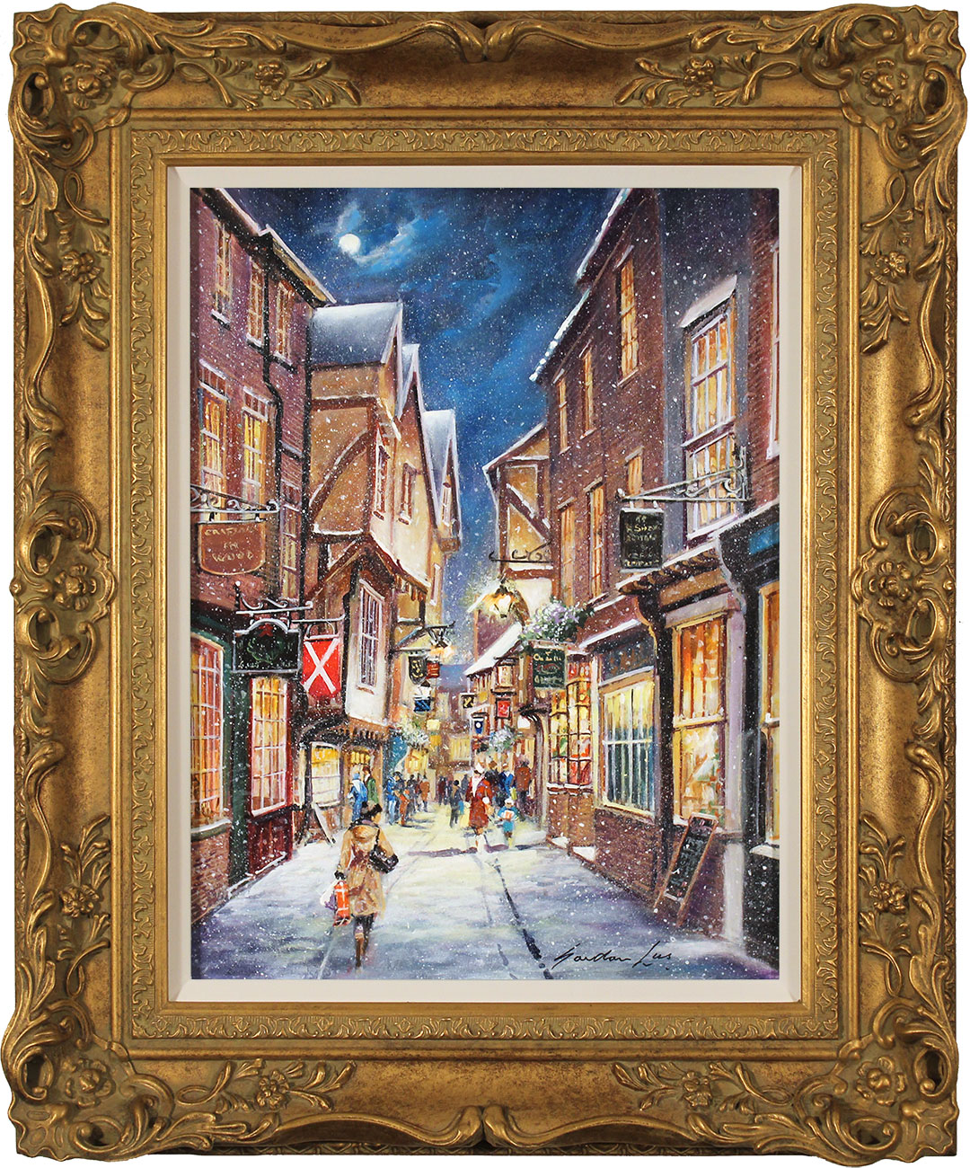 Gordon Lees, Original oil painting on panel, Snowfall on the Shambles. Click to enlarge