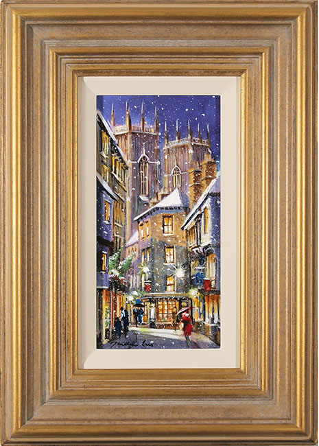 Gordon Lees, Original oil painting on panel, Snowfall on Low Petergate, York, click to enlarge