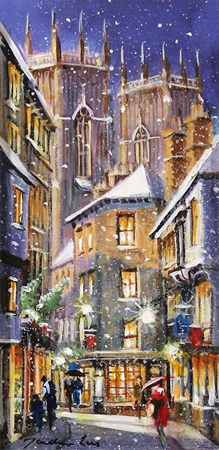 Gordon Lees, Original oil painting on panel, Snowfall on Low Petergate, York Without frame image. Click to enlarge