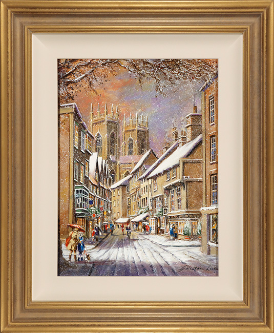 Gordon Lees, Original oil painting on panel, Sunset Snowfall, Low Petergate, York