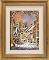 Gordon Lees, Original oil painting on panel, Sunset Snowfall, Low Petergate, York