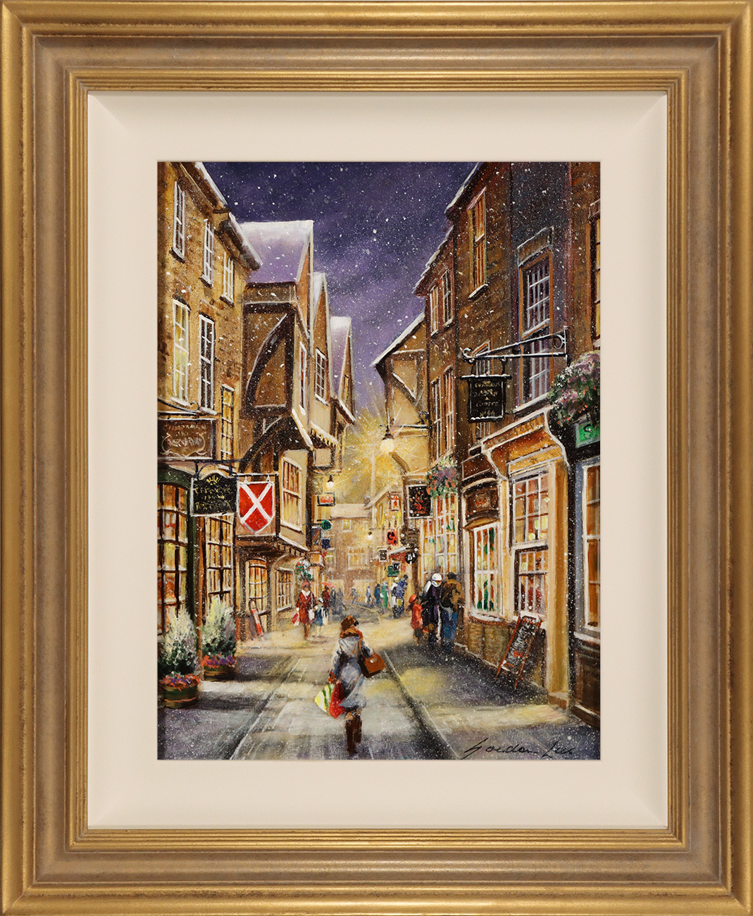 Gordon Lees, Original oil painting on panel, A Light Dusting, The Shambles, York, click to enlarge
