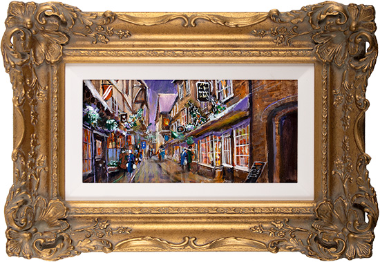 Gordon Lees, Original oil painting on panel, Christmastime on the Shambles, York