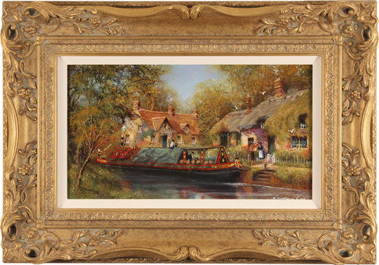 Gordon Lees, Original oil painting on panel, Canal Boat on the River Avon in Summer, The Cotswolds, click to enlarge