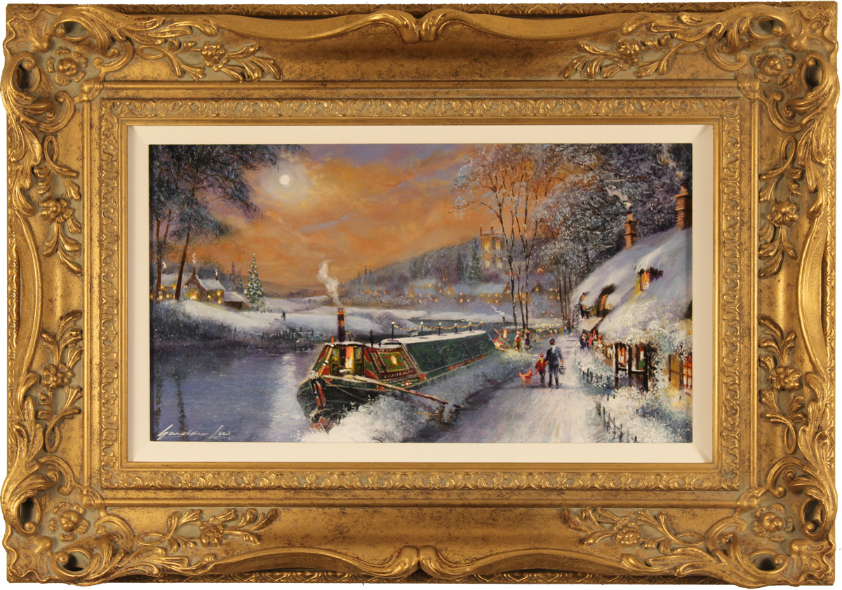 Gordon Lees, Original oil painting on panel, Canal Boat on the River