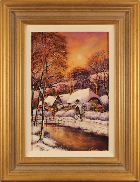 Gordon Lees, Original oil painting on panel, Winter in Upper Slaughter, The Cotswolds
