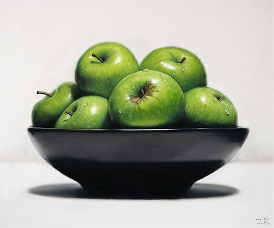 Ian Rawling, PS, Pastel, Black Bowl, Green Apples