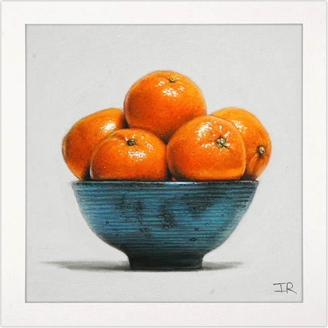 Ian Rawling, PS, Pastel, Oranges in Blue Bowl, click to enlarge