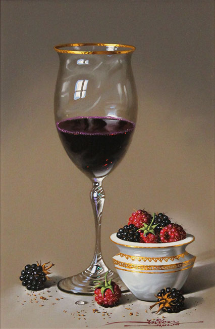 Javier Mulio, Original oil painting on panel, Red Wine and Ripened Fruits