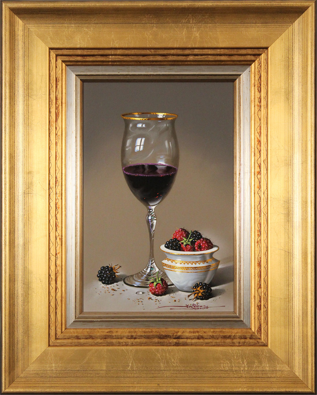 Javier Mulio, Original oil painting on panel, Red Wine and Ripened Fruits, click to enlarge