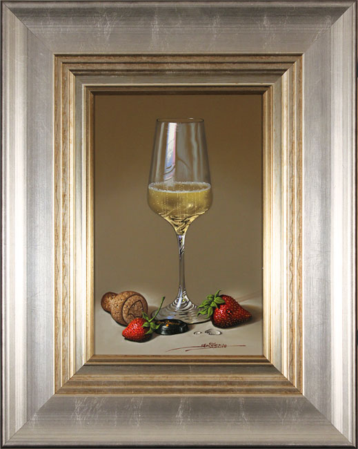 Javier Mulio, Original oil painting on panel, Strawberries and Champagne