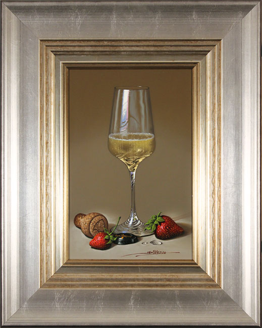 Javier Mulio, Original oil painting on panel, Strawberries and Champagne 