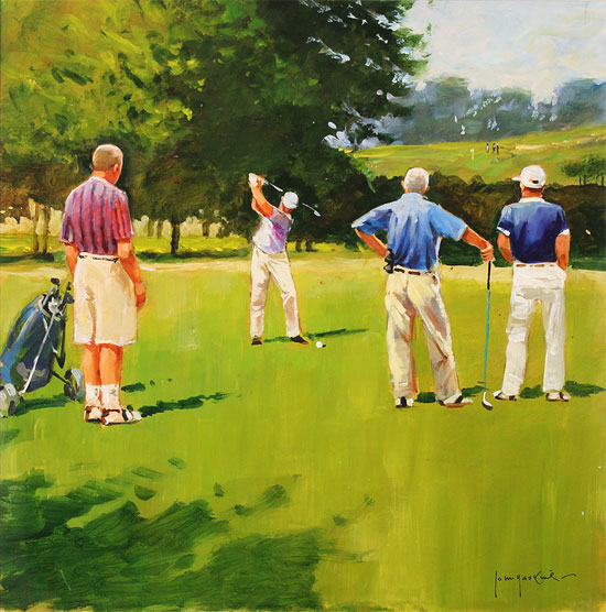 John Haskins, Original oil painting on panel, Onto the Fairway Without frame image. Click to enlarge