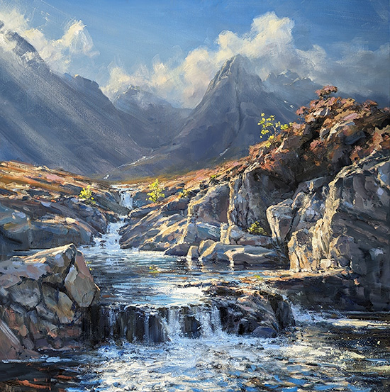 Julian Mason, Original oil painting on canvas, Fairy Pools at Coire na Creiche, Skye