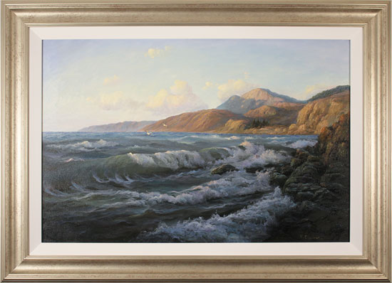 Juriy Ohremovich, Original oil painting on canvas, Crashing Waves and Coastal Light 