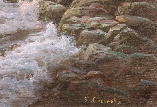 Juriy Ohremovich, Original oil painting on canvas, Crashing Waves and Coastal Light Signature image. Click to enlarge