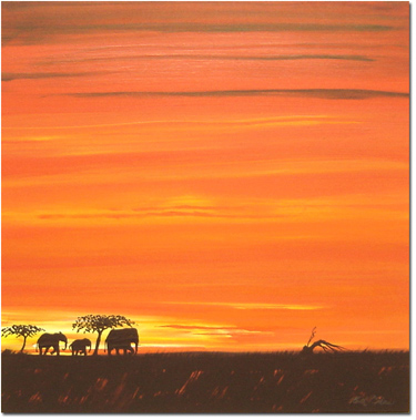 Keith Shaw, Original acrylic painting on board, Elephants at Dusk