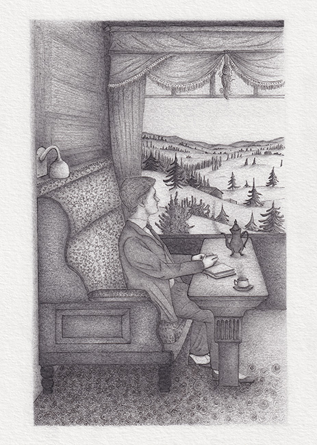 Kirsty Maclennan, Original pencil drawing, Jonathan on the Train - Dracula, Chapter I