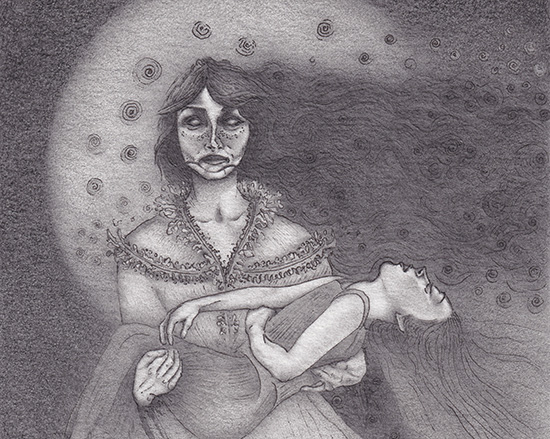 Kirsty Maclennan, Original pencil drawing, Lucy with Child in Graveyard - Dracula, Chapter XVI