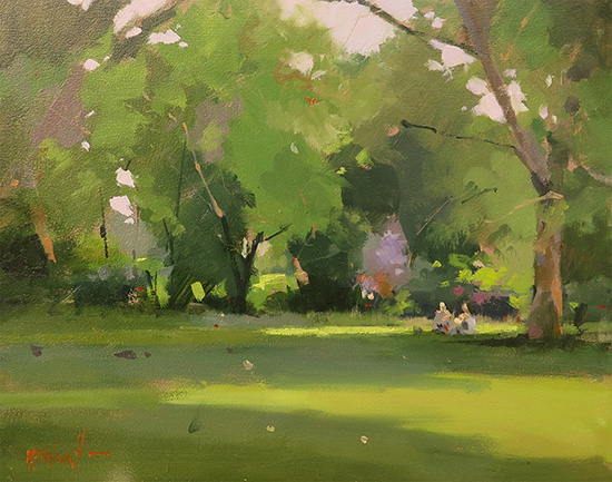 Michael John Ashcroft, ROI, Original oil painting on panel, Picnic in the Park, St James' Park, London 