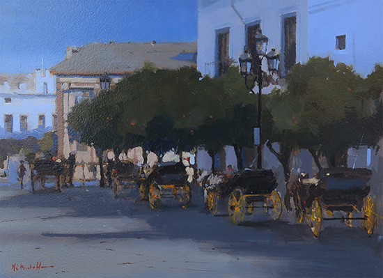 Michael John Ashcroft, ROI, Original oil painting on panel, Horse and Carriage Stop, Seville 