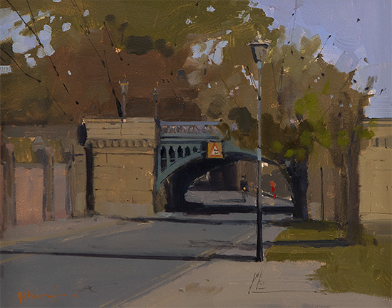 Michael John Ashcroft, ROI, Original oil painting on panel, Early Morning Cycle, Skeldergate Bridge, York