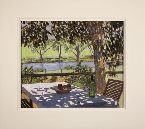 Mike Hall, Original acrylic painting on board, Glass of Wine by the River 