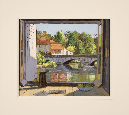 Mike Hall, Original acrylic painting on board, View of the Bridge Brantôme, click to enlarge