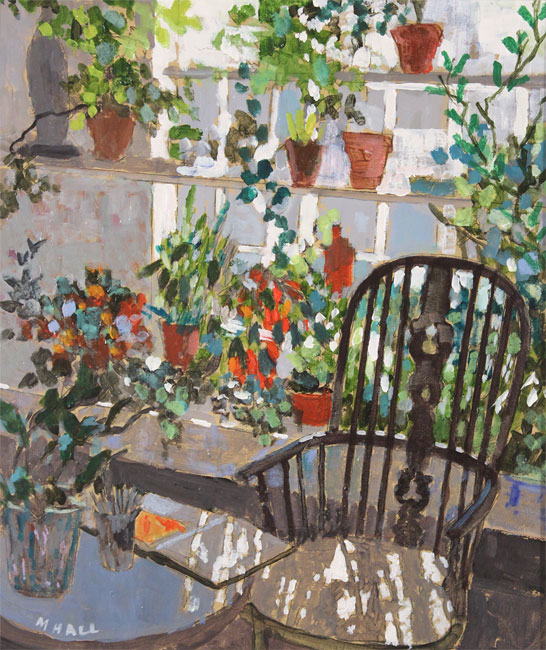 Mike Hall, Original acrylic painting on board, Chair in the Conservatory 