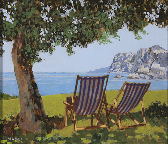 Mike Hall, Original acrylic painting on board, Two Striped Deck Chairs Without frame image. Click to enlarge