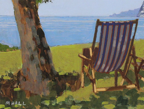 Mike Hall, Original acrylic painting on board, Two Striped Deck Chairs Signature image. Click to enlarge