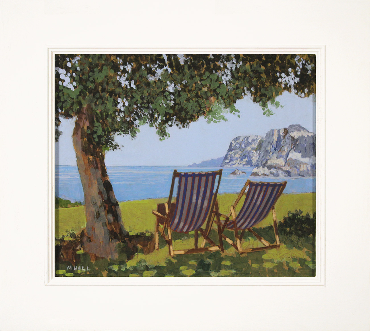 Mike Hall, Original acrylic painting on board, Two Striped Deck Chairs. Click to enlarge