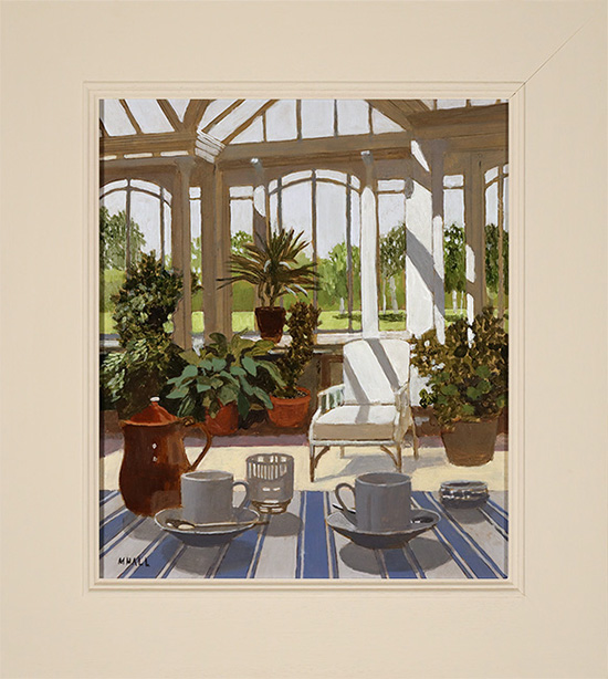 Mike Hall, Original acrylic painting on board, Coffee in the Conservatory 