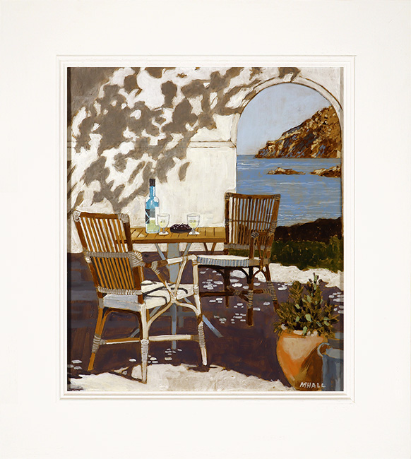 Mike Hall, Original acrylic painting on board, Drinks in the Courtyard 