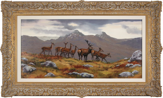 Natalie Stutely, Original oil painting on panel, Stag and Hinds, Scottish Highlands 