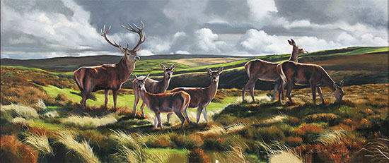 Natalie Stutely, Original oil painting on panel, Stag and Hinds Without frame image. Click to enlarge
